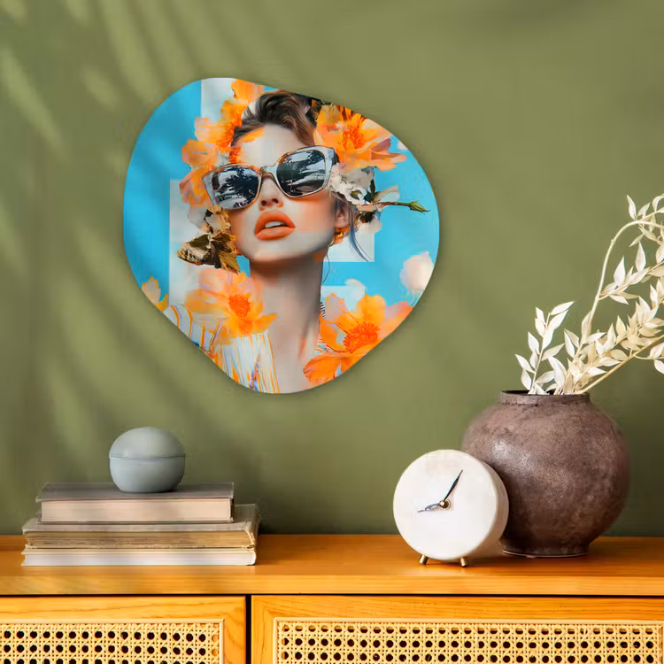 Bloemen - Vrouw - Zonnebril - Blauw Wandcirkel Organisch Forex 3mm klein -sfeer2