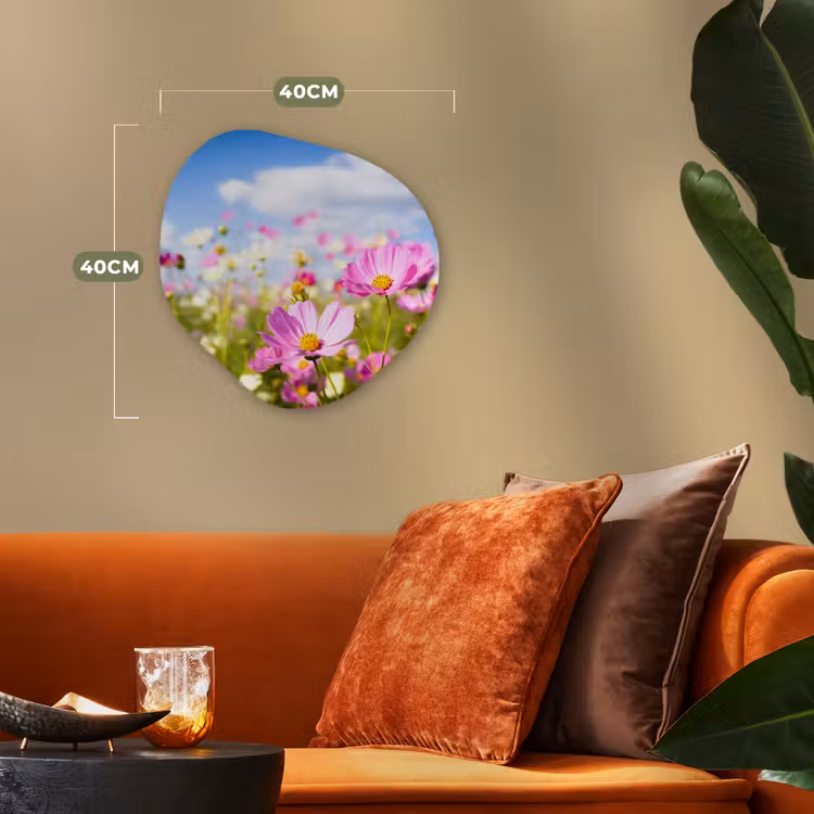 Bloemen - Wei - Paars - Gras - Wit - Wolken - Blauw Wandcirkel Organisch Forex 3mm klein -sfeer3