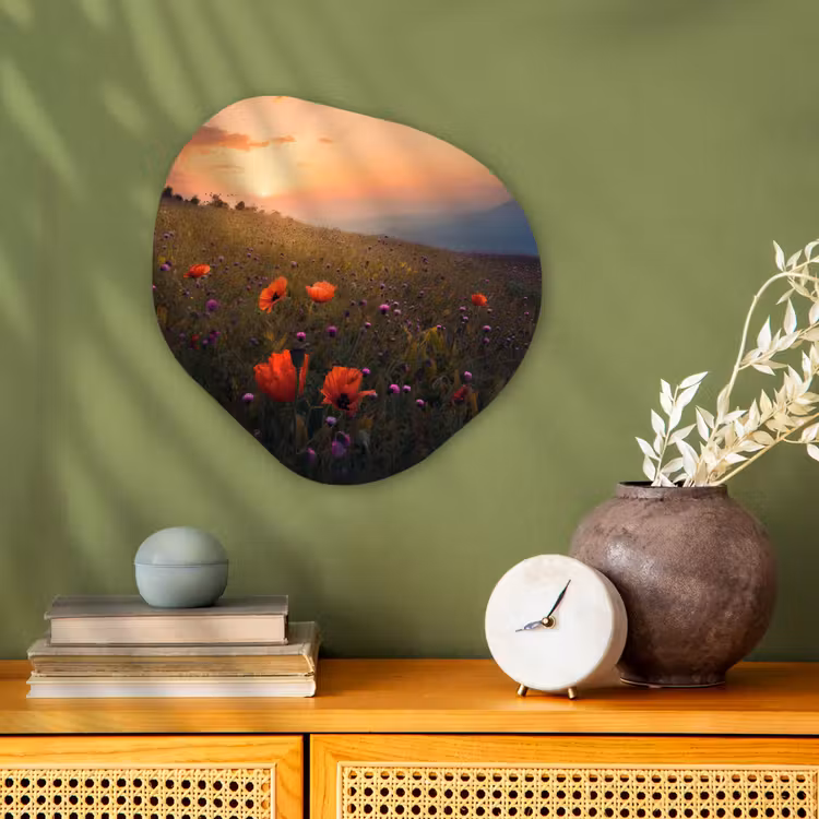 Bloemenveld - Gras - Bloemen - Planten - Zonsondergang - Oranje Wandcirkel Organisch Forex 3mm klein -sfeer2