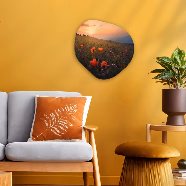 Bloemenveld - Gras - Bloemen - Planten - Zonsondergang - Oranje Wandcirkel Organisch Forex 3mm klein -sfeer4