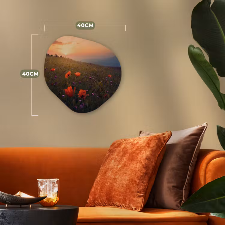 Bloemenveld - Gras - Bloemen - Planten - Zonsondergang - Oranje Wandcirkel Organisch Forex 3mm klein -sfeer3