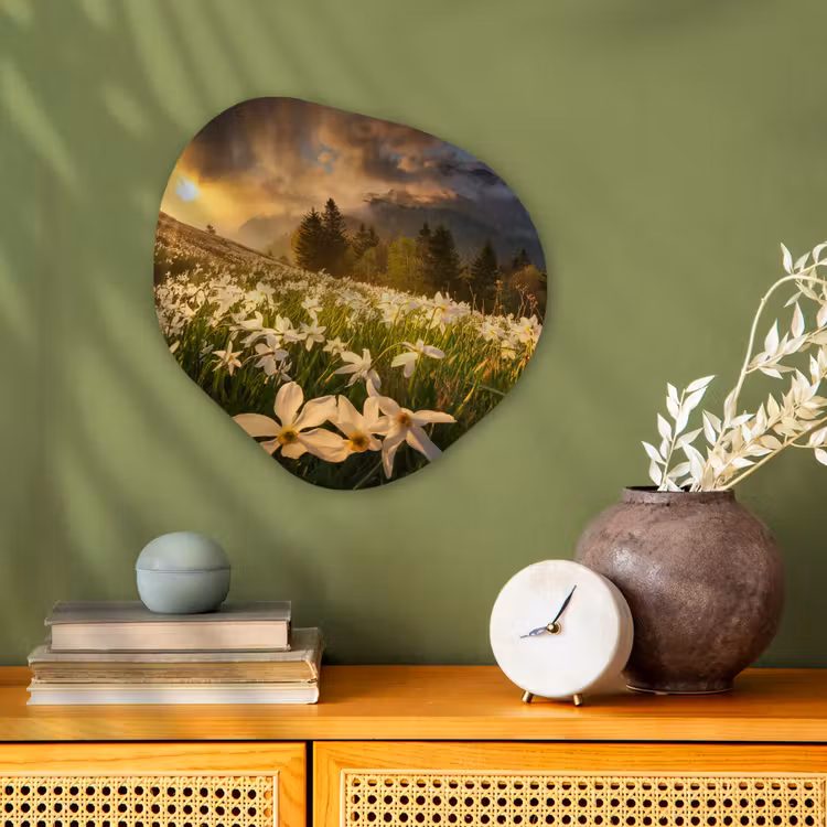 Bloemenveld - Heuvels - Zonsondergang - Berg - Natuur - Wit Wandcirkel Organisch Forex 3mm klein -sfeer2