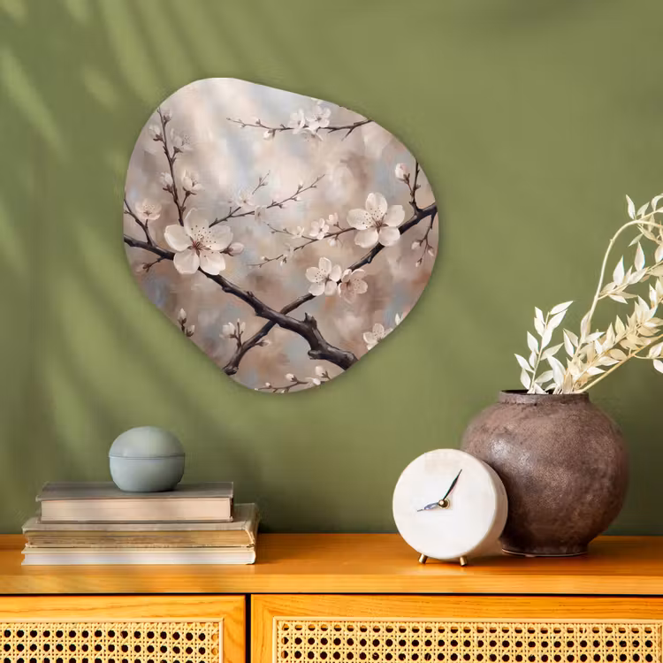 Bloesem - Takken - Schilderij - Beige - Serene Wandcirkel Organisch Forex 3mm klein -sfeer2