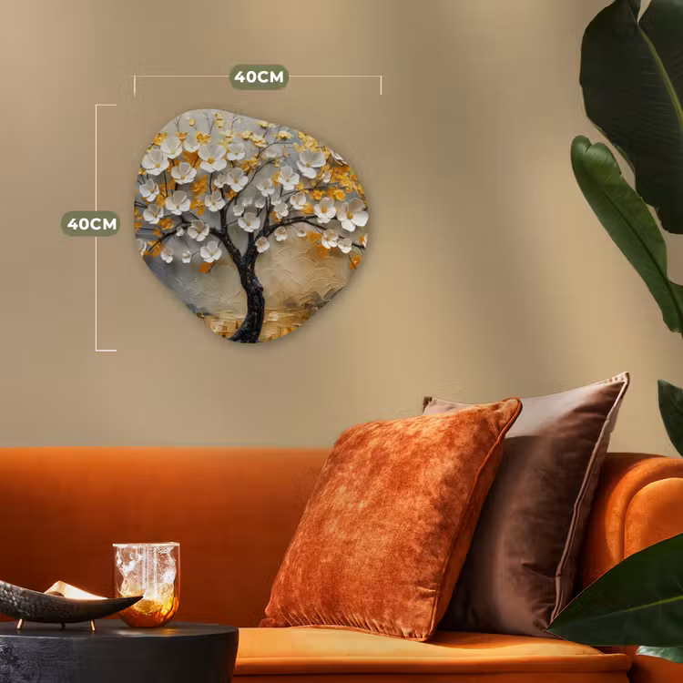 Boom - Bloemen - Goud - Beige Wandcirkel Organisch Forex 3mm klein -sfeer3