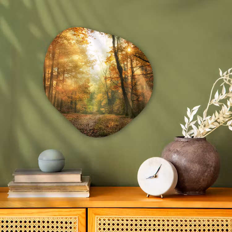 Bos - Herfst - Zon - Landschap - Natuur - Bomen - Bladeren Wandcirkel Organisch Forex 3mm klein -sfeer2