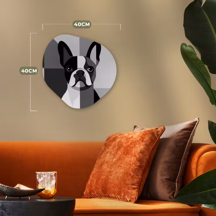 Buldog - Zwart - Abstract - Vlakken Wandcirkel Organisch Forex 3mm klein -sfeer3
