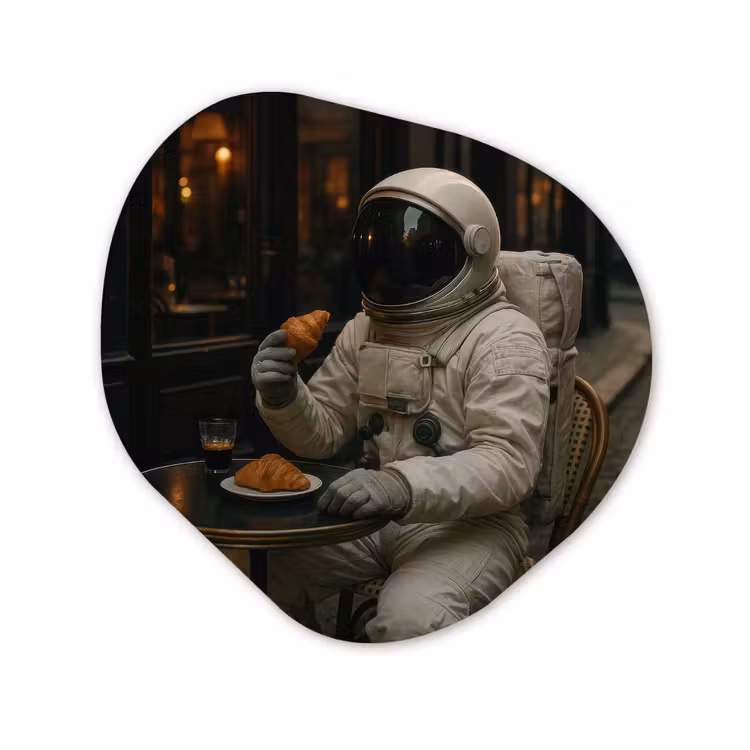 Café - Croissant - Koffie - Astronaut Wandcirkel Organisch Forex 3mm klein -3d