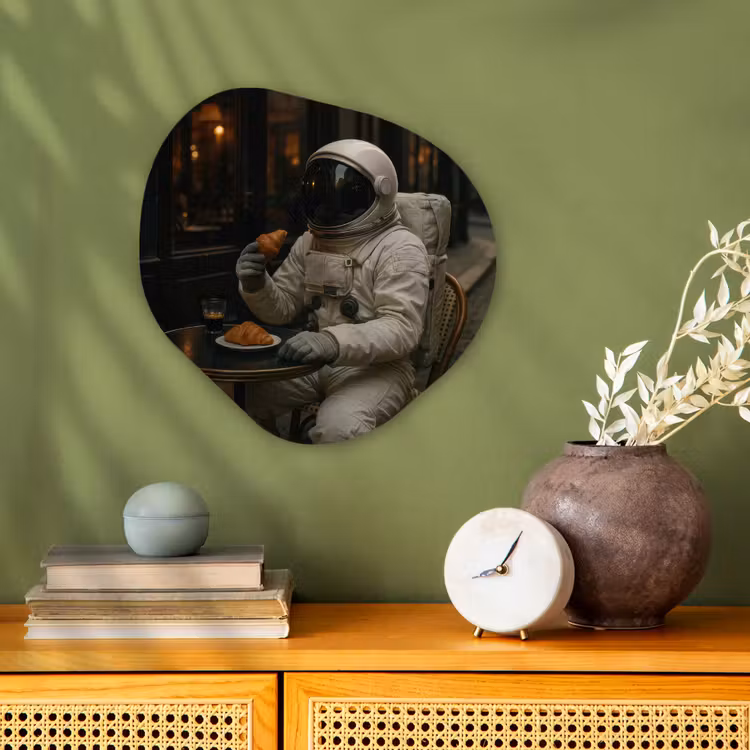 Café - Croissant - Koffie - Astronaut Wandcirkel Organisch Forex 3mm klein -sfeer2