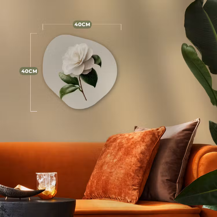 Cameliabloem - Wit - Groen Wandcirkel Organisch Forex 3mm klein -sfeer3