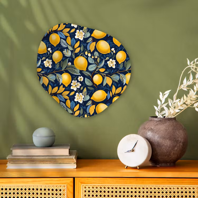 Citroenen - Bloemen - Bladeren - Blauw Wandcirkel Organisch Forex 3mm klein 629 -sfeer2