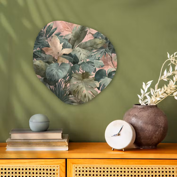 Compositie van bladeren - Groen - Roze Wandcirkel Organisch Forex 3mm klein -sfeer2