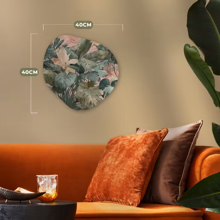 Compositie van bladeren - Groen - Roze Wandcirkel Organisch Forex 3mm klein -sfeer3