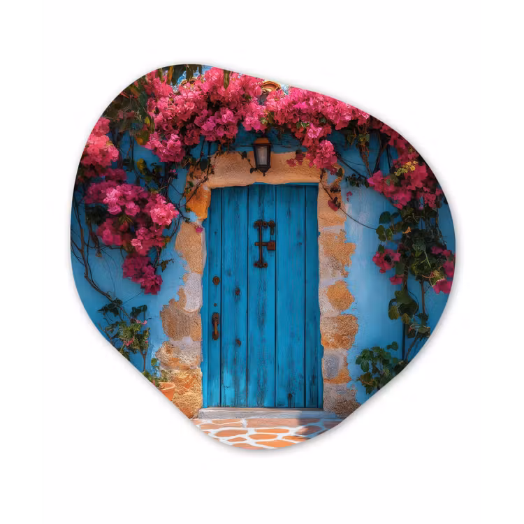 Deur - Hout - Bloemen - Blauw Wandcirkel Organisch Forex 3mm klein -3d