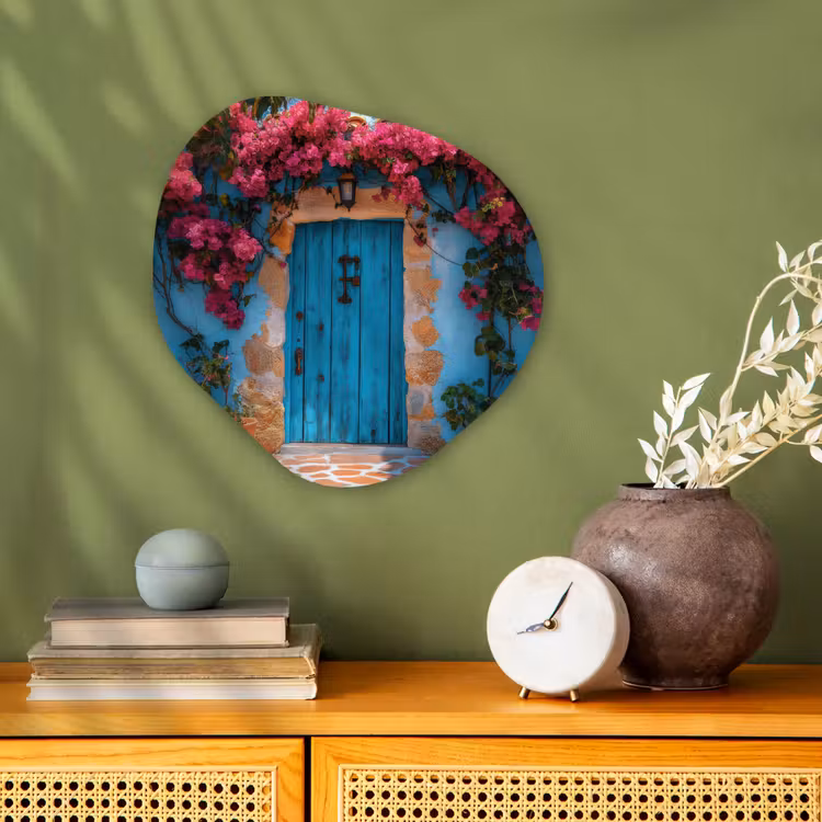 Deur - Hout - Bloemen - Blauw Wandcirkel Organisch Forex 3mm klein -sfeer2