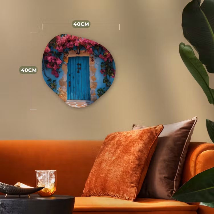 Deur - Hout - Bloemen - Blauw Wandcirkel Organisch Forex 3mm klein -sfeer3