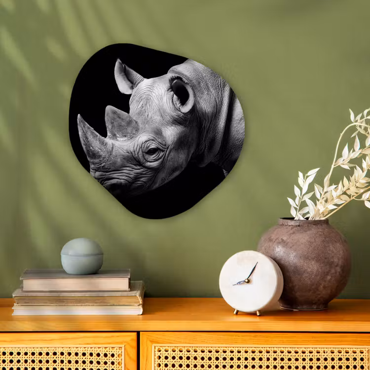 Dieren - Neushoorn - Zwart - Wit - Portret Wandcirkel Organisch Forex 3mm klein -sfeer2
