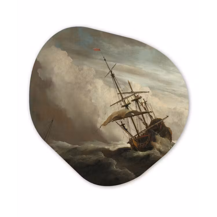 Een schip in volle zee bij vliegende storm - Schilderij van Willem van de Velde Wandcirkel Organisch Forex 3mm klein -3d