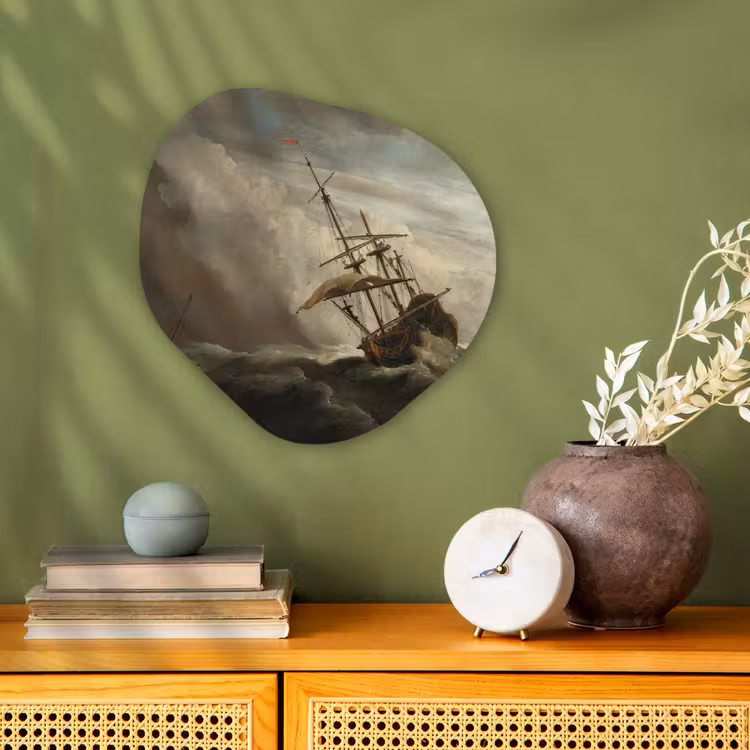 Een schip in volle zee bij vliegende storm - Schilderij van Willem van de Velde Wandcirkel Organisch Forex 3mm klein -sfeer2