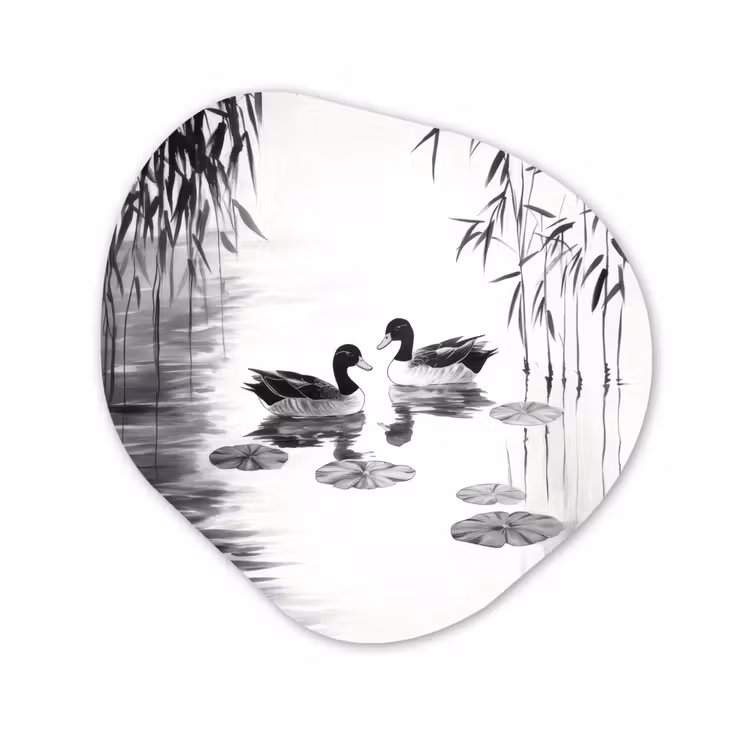 Eenden - Waterlelies - Riet - Zwart Wandcirkel Organisch Forex 3mm klein -3d