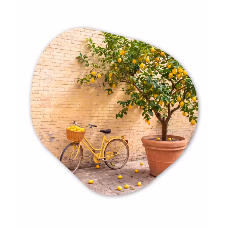 Fiets - Mand - Eten - Geel - Zomer Wandcirkel Organisch Forex 3mm klein -3d