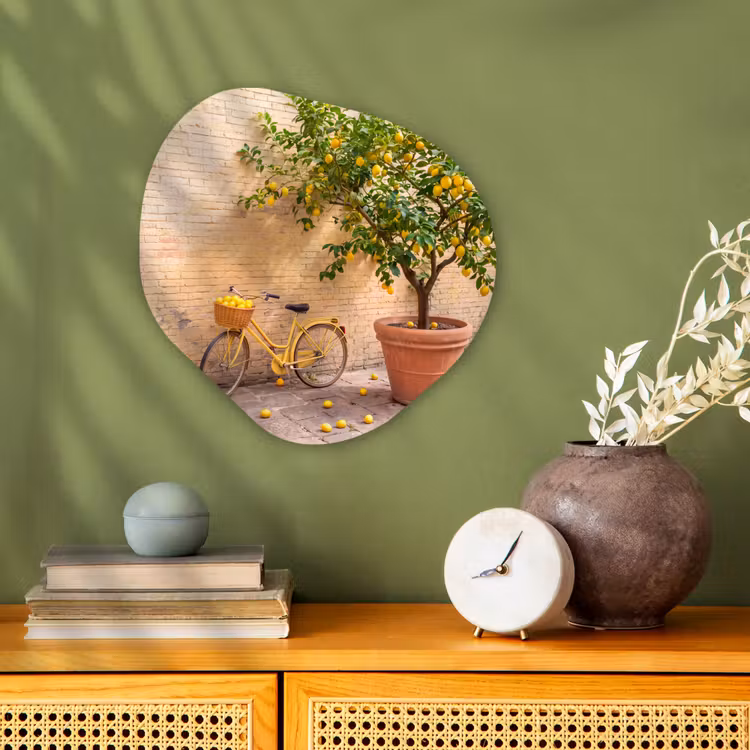 Fiets - Mand - Eten - Geel - Zomer Wandcirkel Organisch Forex 3mm klein -sfeer2