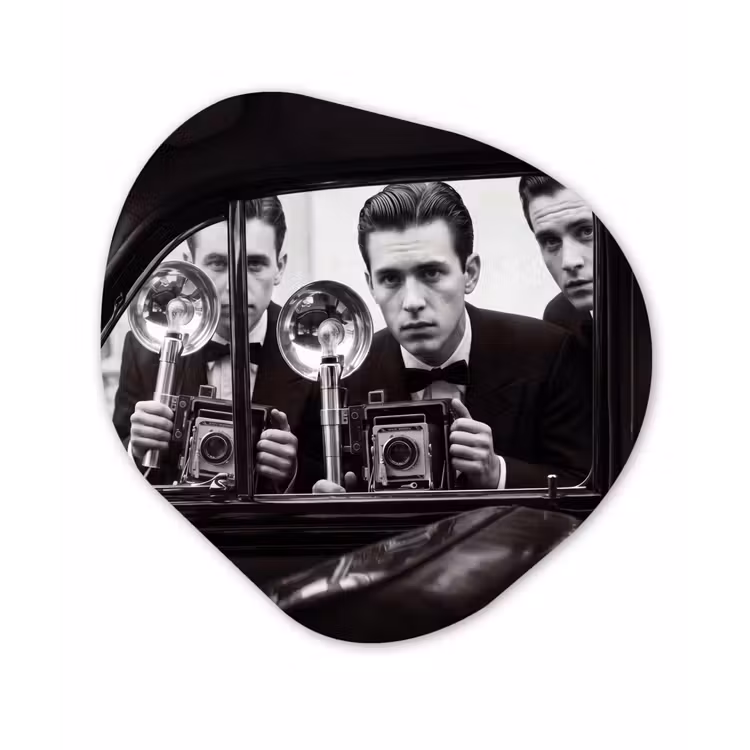 Fotograaf - Camera - Vintage - Journalistiek - Zwart-wit Wandcirkel Organisch Forex 3mm klein -3d