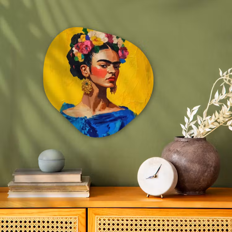 Frida Kahlo - Vrouw - Geel - Blauw - Bloemen Wandcirkel Organisch Forex 3mm klein -sfeer2
