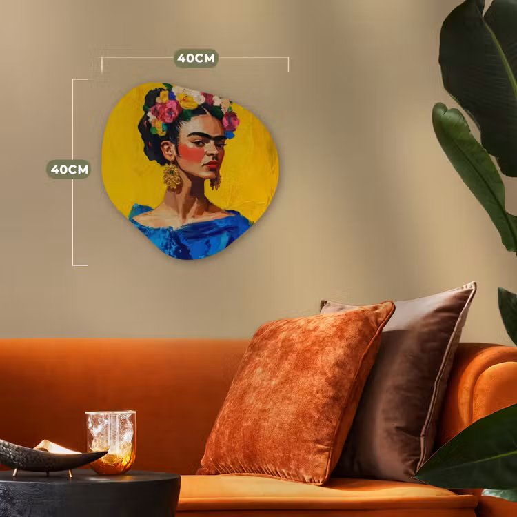 Frida Kahlo - Vrouw - Geel - Blauw - Bloemen Wandcirkel Organisch Forex 3mm klein -sfeer3