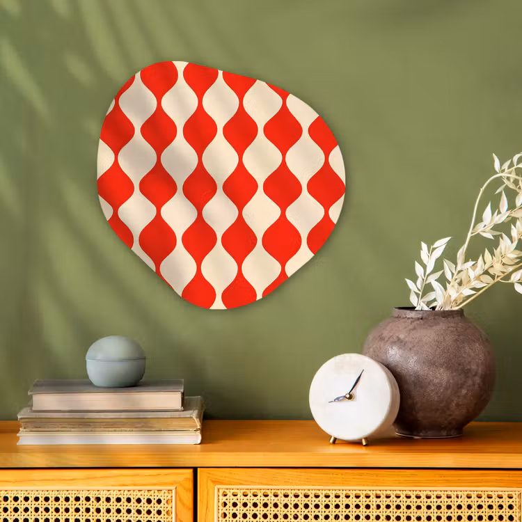 Golvend patroon - Retro - Rood - Beige Wandcirkel Organisch Forex 3mm klein 629 -sfeer2