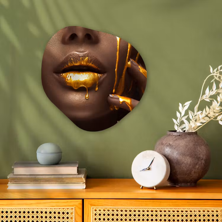 Goud - Vrouw - Verf - Lippen - Luxe Wandcirkel Organisch Forex 3mm klein -sfeer2