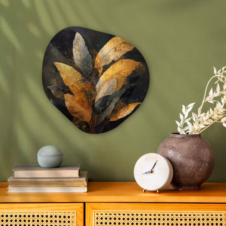 Gouden Bladcompositie – Botanische Luxe Wandcirkel Organisch Forex 3mm klein -sfeer2