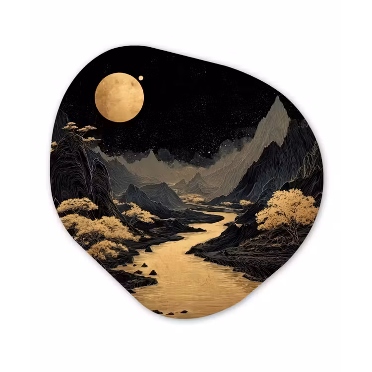 Gouden rivier - Bergen - Maan - Sterrenhemel Wandcirkel Organisch Forex 3mm klein -3d