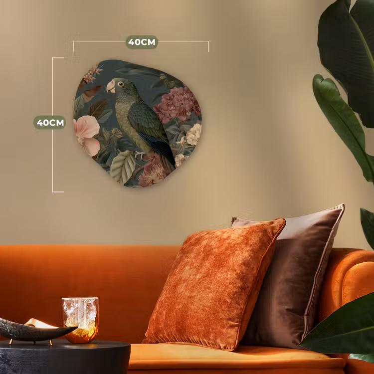 Groene papegaai - Kleurrijke bloemen - Donkere achtergrond Wandcirkel Organisch Forex 3mm klein -sfeer3