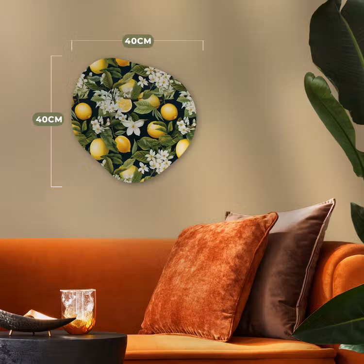 Hangende - Citroenen - Witte - Bloemetjes Wandcirkel Organisch Forex 3mm klein 629 -sfeer3