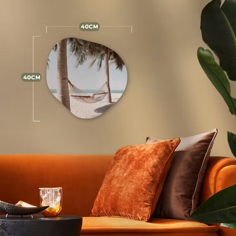 Hangmat - Palmbomen - Strand - Zee Wandcirkel Organisch Forex 3mm klein -sfeer3