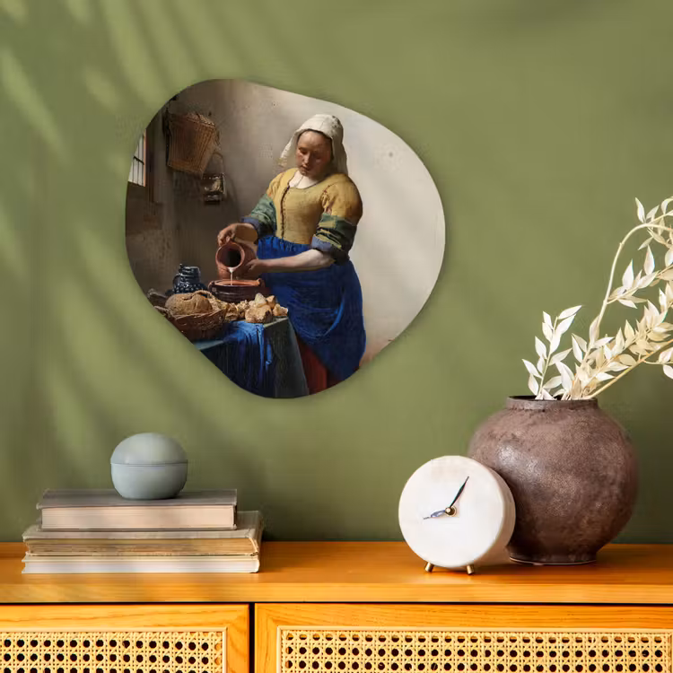 Het melkmeisje - Schilderij van Johannes Vermeer Wandcirkel Organisch Forex 3mm klein -sfeer2