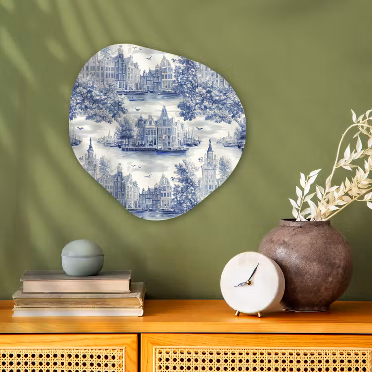 Huizen - Bomen - Water - Vogels - Blauw Wandcirkel Organisch Forex 3mm klein 629 -sfeer2