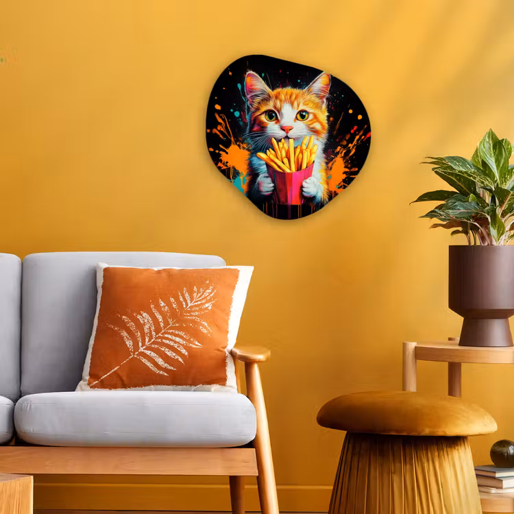 Kat - Eten - Patat - Graffiti - Abstract Wandcirkel Organisch Forex 3mm klein -sfeer4