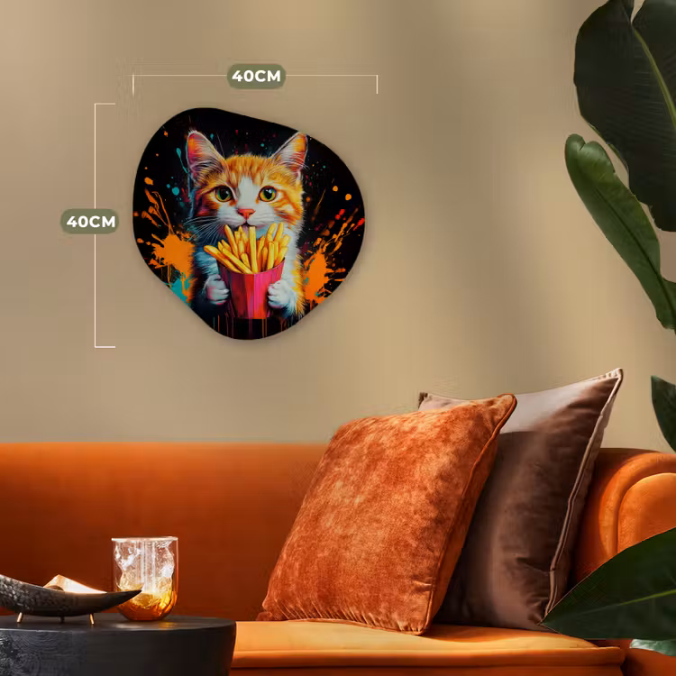 Kat - Eten - Patat - Graffiti - Abstract Wandcirkel Organisch Forex 3mm klein -sfeer3