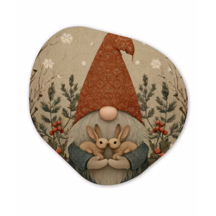 Kerstgnome - Konijntjes - Kleurrijk Wandcirkel Organisch Forex 3mm klein -3d