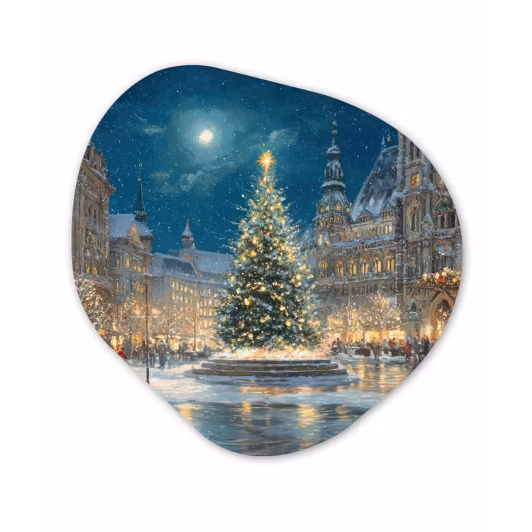 Kerstnacht - Stadsplein - Meerkleurig Wandcirkel Organisch Forex 3mm klein -3d