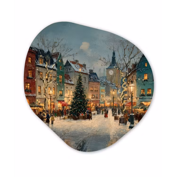 Kerstsfeer - Stadsplein - Kleurrijk Wandcirkel Organisch Forex 3mm klein -3d