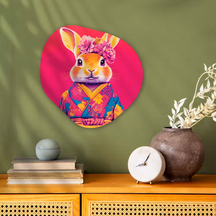 Konijn - Bloemen - Kleurrijk - Kimono Wandcirkel Organisch Forex 3mm klein -sfeer2