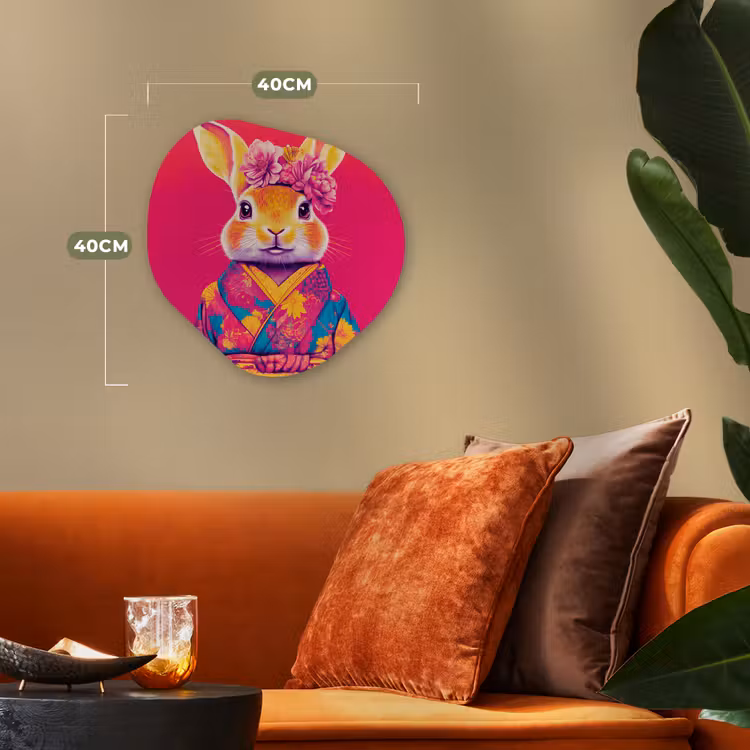 Konijn - Bloemen - Kleurrijk - Kimono Wandcirkel Organisch Forex 3mm klein -sfeer3