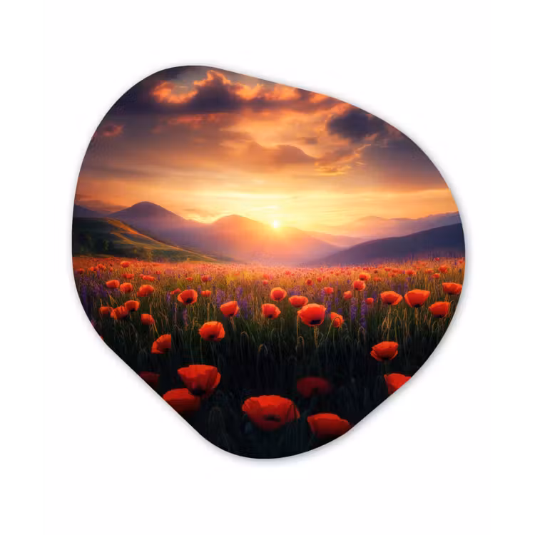 Landschap - Zonsondergang - Bloemenveld Wandcirkel Organisch Forex 3mm klein -3d
