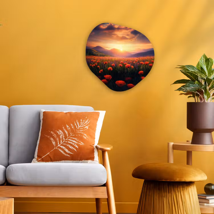 Landschap - Zonsondergang - Bloemenveld Wandcirkel Organisch Forex 3mm klein -sfeer4