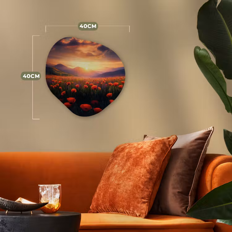 Landschap - Zonsondergang - Bloemenveld Wandcirkel Organisch Forex 3mm klein -sfeer3