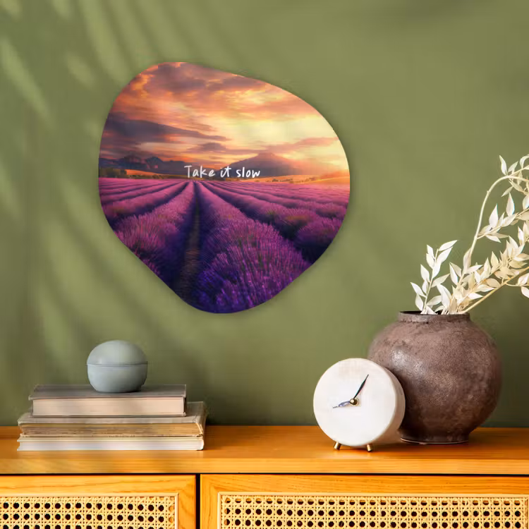 Lavendelveld - Quote - Zonsondergang Wandcirkel Organisch Forex 3mm klein -sfeer2