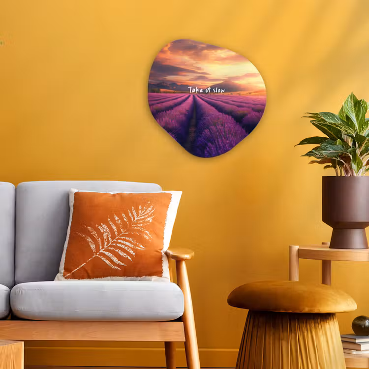 Lavendelveld - Quote - Zonsondergang Wandcirkel Organisch Forex 3mm klein -sfeer4