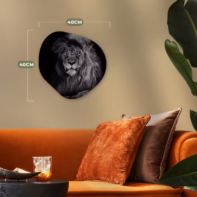 Leeuw - Ogen - Oranje - Zwart wit - Dieren - Portret Wandcirkel Organisch Forex 3mm klein -sfeer3